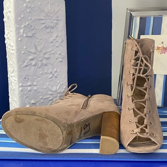 Light brown/beige suede like lace up open toe chunky high heel ankle booties - Picture 2 of 15